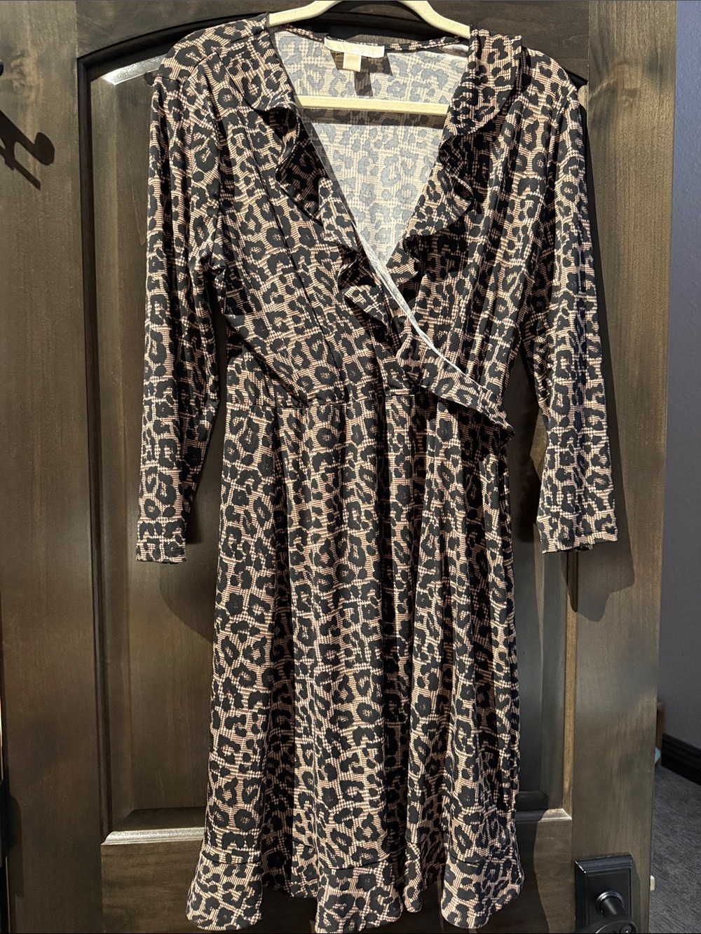 Michael Kors Long-Sleeve Animal Print Wrap Dress in Black and Tan